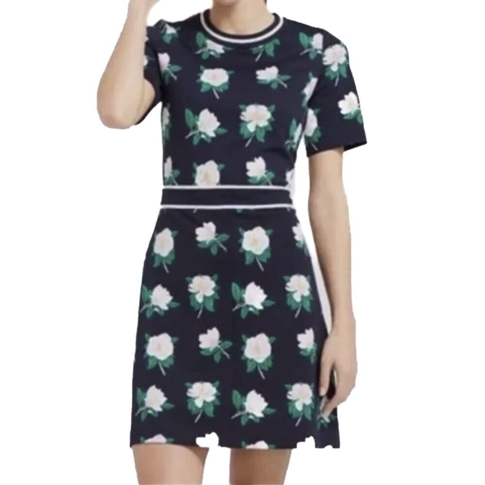 Draper James Ponte Navy White Green Magnolia Floral A-Line Midi Size S - NWOT‎